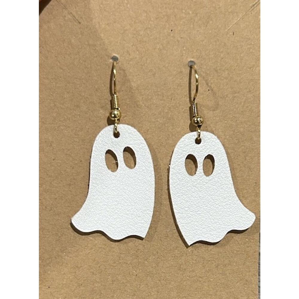 Handmade Halloween White Ghost Leather Pair Of Earrings